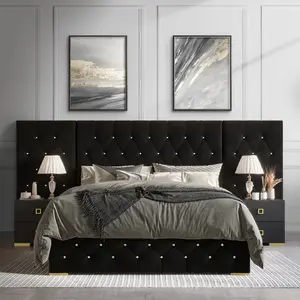 Liora Velvet Upholstered Wall Panel Bed - Crystal Tufted Design, Soft Velvet Upholstery, Platform Slat Base