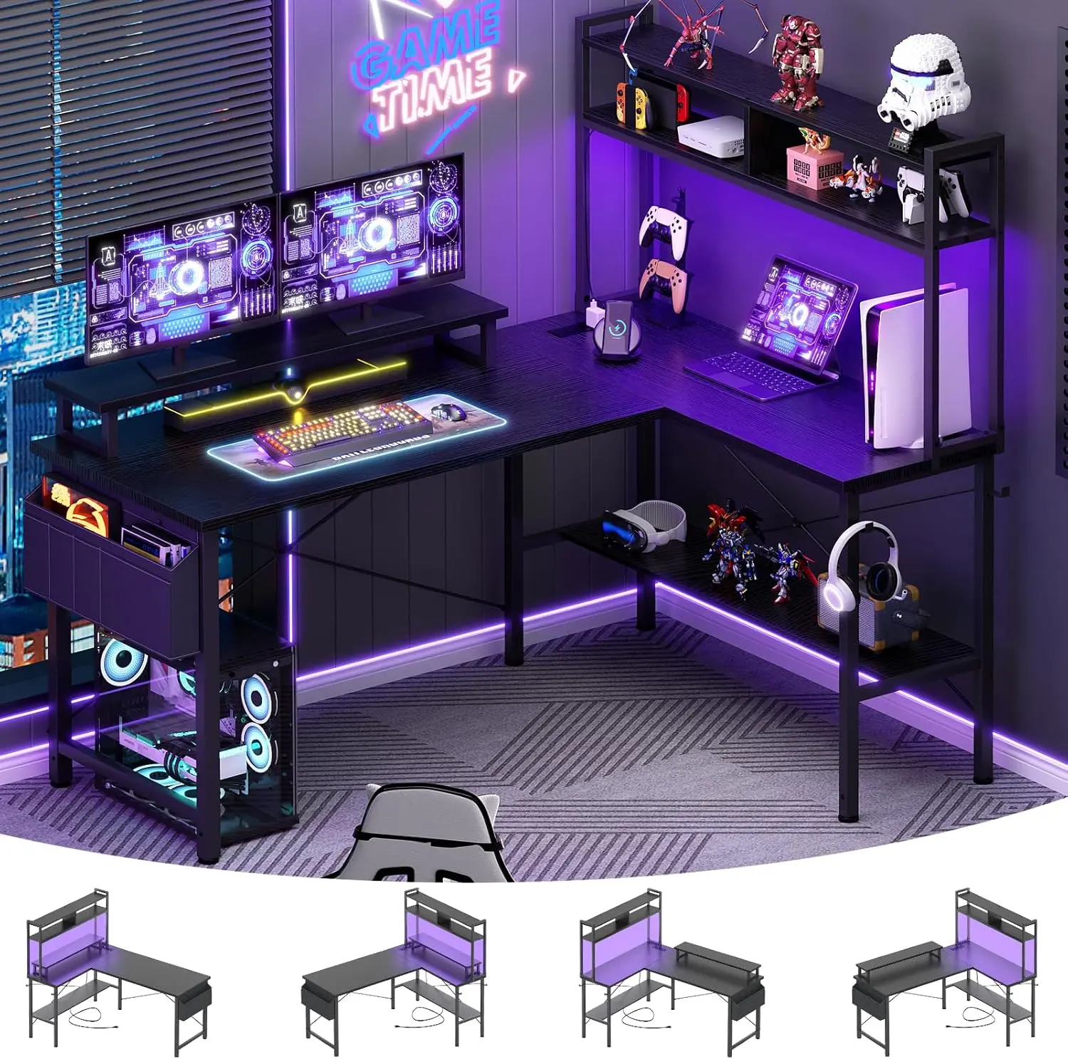 Aheaplus Small L-Shaped Gaming Desk with LED Lights & Power Outlets, Reversible L-Shaped Computer Desk with Monitor Stand & Storage Shelf, Corner Desks Home Office Desk with Storage Bag, Black