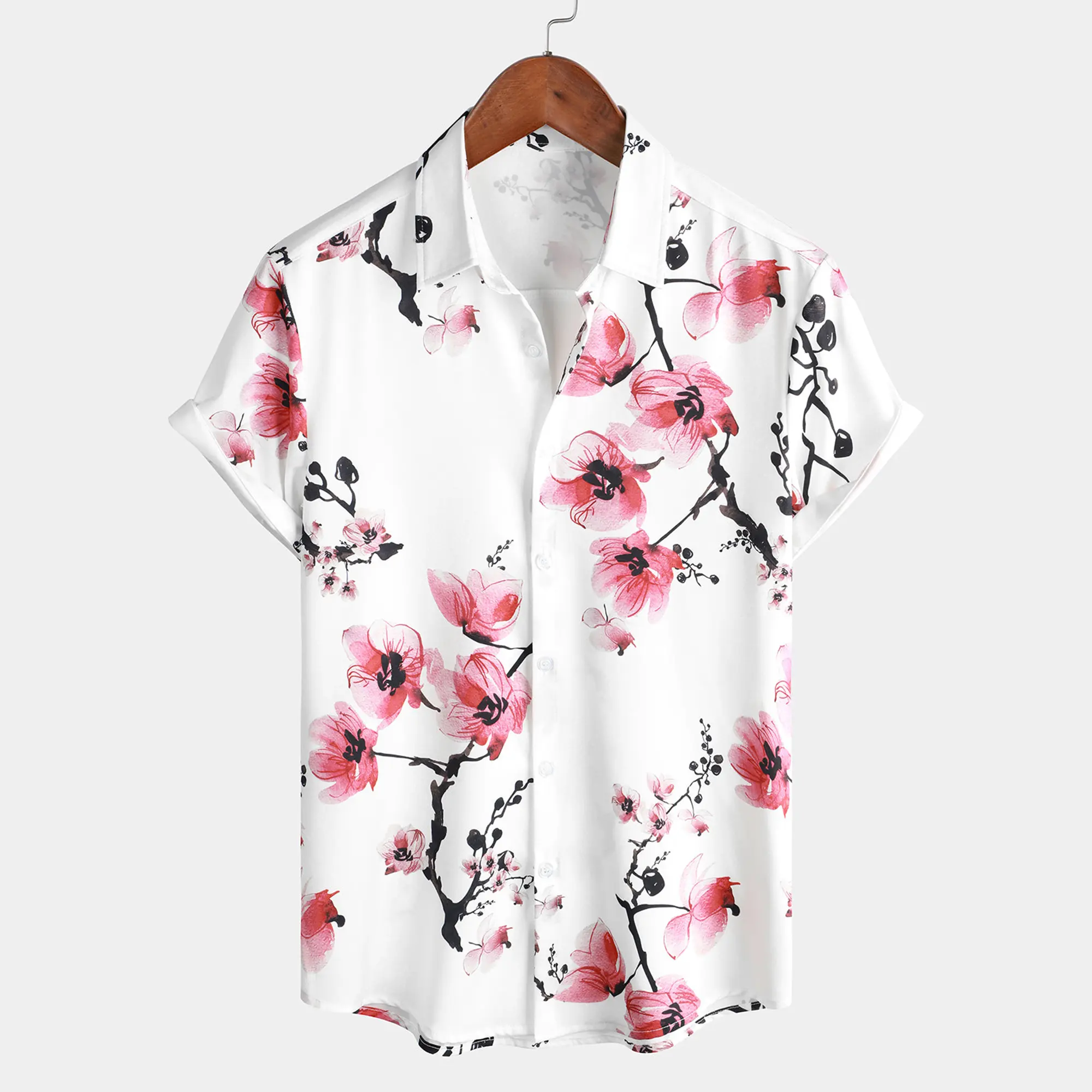 TIXMIE  Men's Retro Vintage Button-Front Hawaiian Shirt - Casual Quick-Dry Short-Sleeve with Tropical Ink-Wash Floral Print for Summer Beach Vacation, Party, Beachy Shirt, Button Front Shirts,clothes for back to school,first day of school outfits
