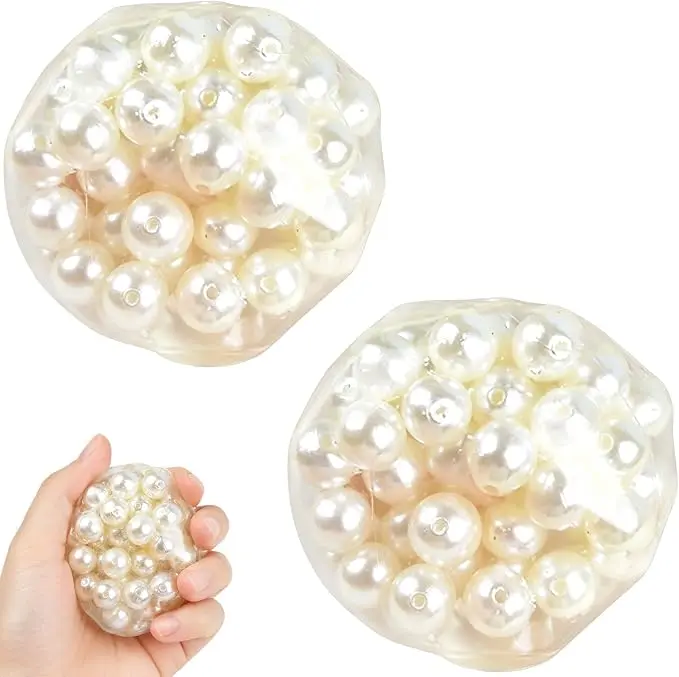 2 PCS Pearl Squishy Stress Ball Set, Bead Filled Crunchy Squishy Toys, Slow Rising Sensory Fidget Squeeze Balls for Stress Relief, Desk Toy for Kids & Adults, Pearl White