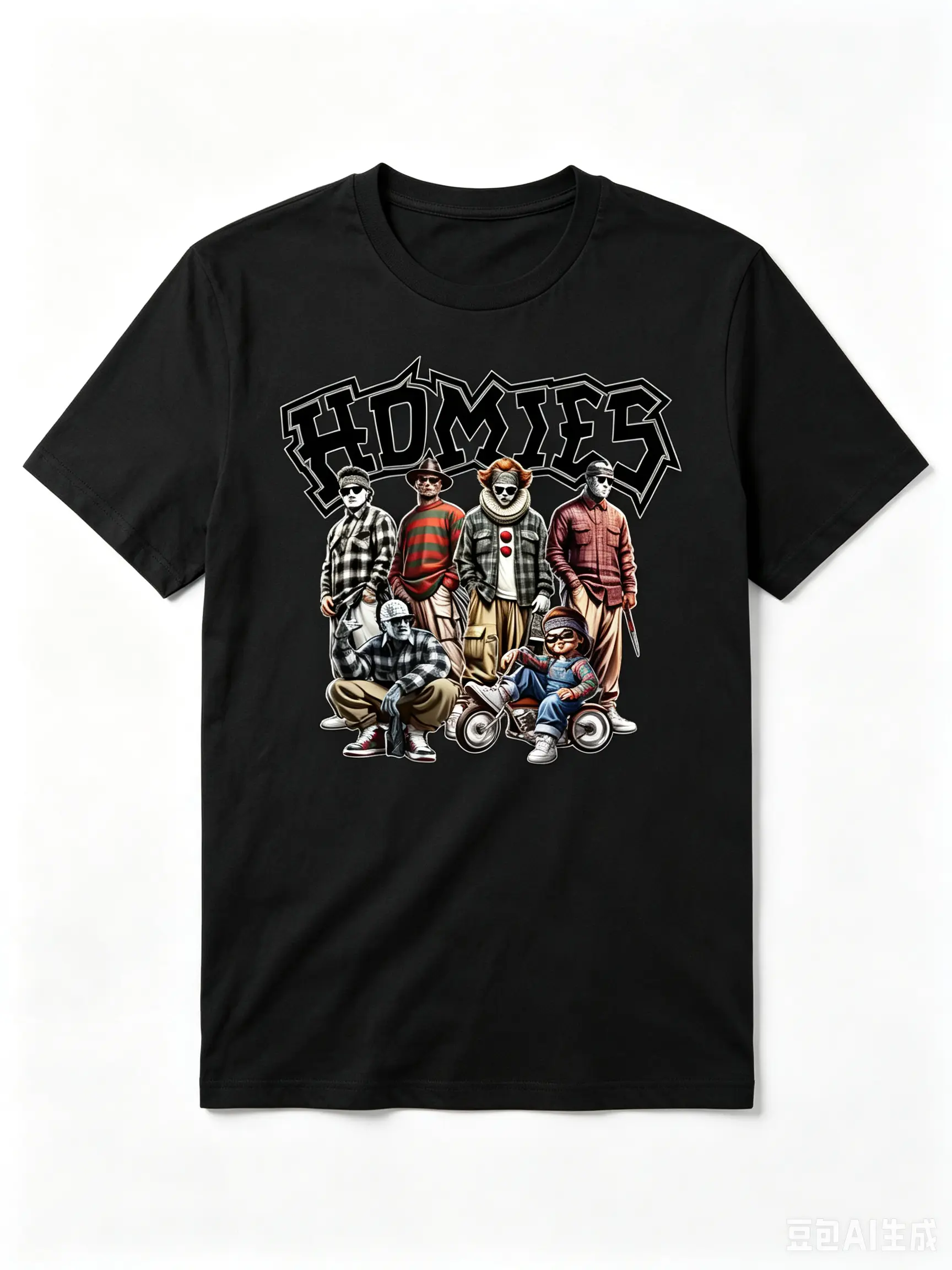 Homies Horror Movie Villains Graphic T-Shirt, Funny Chucky Tee Halloween Streetwear for Men Retro Lowrider Style Halloween