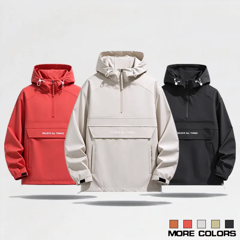 Men's Casual Half-Zip Hooded Pullover Jacket - Menswear Tops, Streetwear Anorak Windbreaker with Flap Pockets, Adjustable Fit Lightweight Coat for Urban Daily Use, Medium-Length Plain Style, Casual Fitted/Light and Compact/Loose-Fitting Options