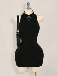 Y2K Gothic Halter Neck Bodycon Mini Dress, Halter Strap Dress for Women, Stretchy Sleeveless Slim Fit Dress, Club Party Outfit, Dark Aesthetic Streetwear for Night Out, Date Night, Trending E-girl Grunge Style Summer Mini Dress