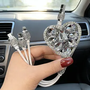 Retractable 3-in-1 Car Charger Cable Rhinestone Heart Multi Connector Fast Charging USB Cord for Most Smartphones