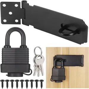 4Inch Heavy Duty Stainless Steel Hasp Latch with Padlock Keys Screws, Waterproof Black Gate Lock for Barn Door Cabinet Fence Garage Shed