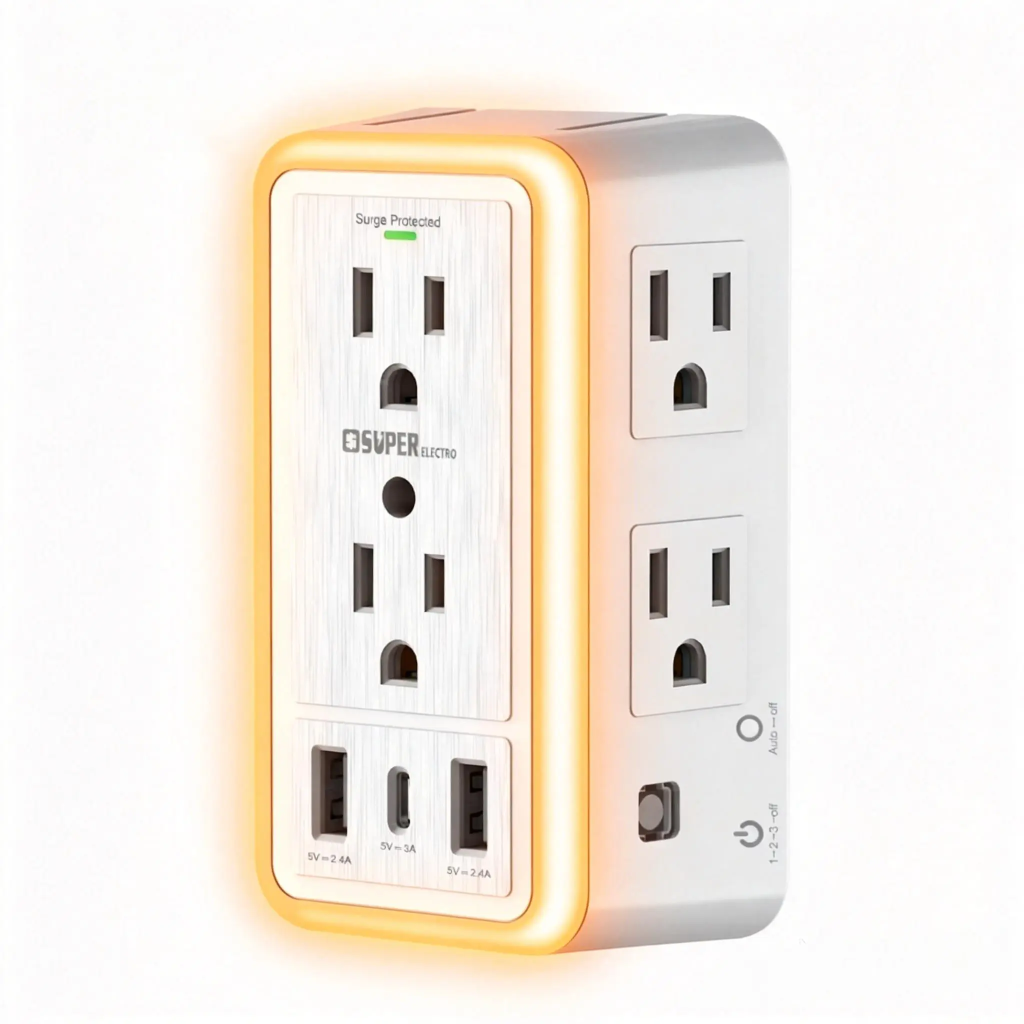 S Multi-Outlet Surge Guard Wall Charger - 6-Outlet Fireproof Extender with 3 USB Ports (5V 3.4A Total), Night Light, 3-Sided 1500J Protection, ETL Listed for Indoor Home & Office Use, Indoor Use, Compact, Extension Adapter Sockets, Multi-Port Charging Soc