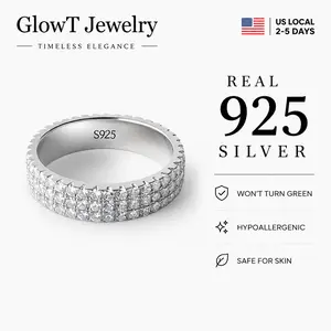 S925 Sterling Silver Gold Plated Sparkling CZ Eternity Band Ring - Trendy Double Row Pave Crystal Ring, Hypoallergenic Statement Jewelry Gift for Her, TikTok Viral Luxe Witchy Gold Ring for Sensitive Skin