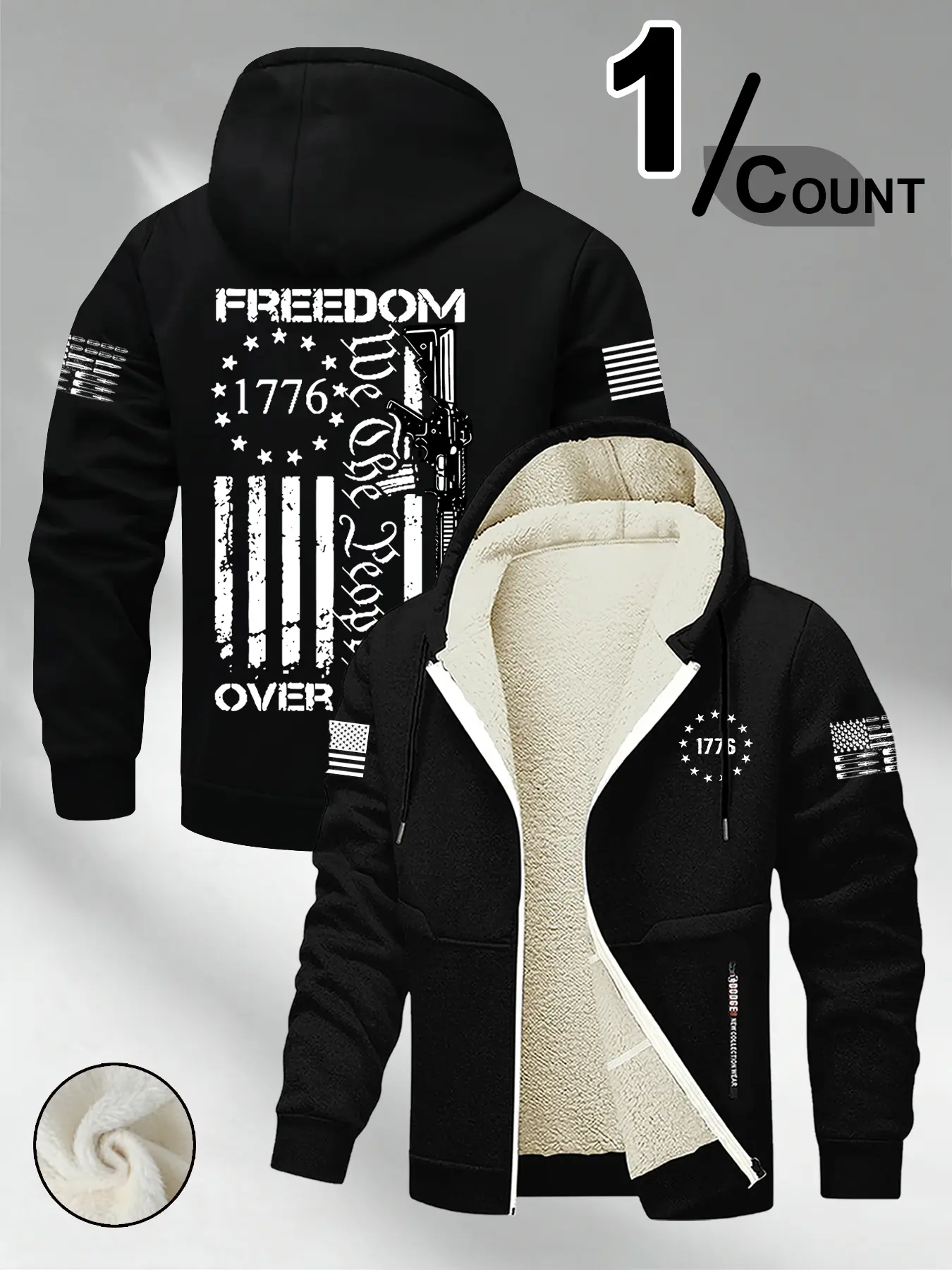 Men's Hooded Fleece Jacket Coats, Long Sleeves, Flag 1776 Gun Graphic Pattern, Comfortable Street Fashion for Fall & Winter, Casual and Sports Activities