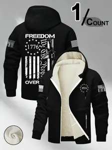 Men's Hooded Fleece Jacket, Flag 1776 Gun Pattern, Comfortable Street Fashion for Fall & Winter, Casual and Sports Activities