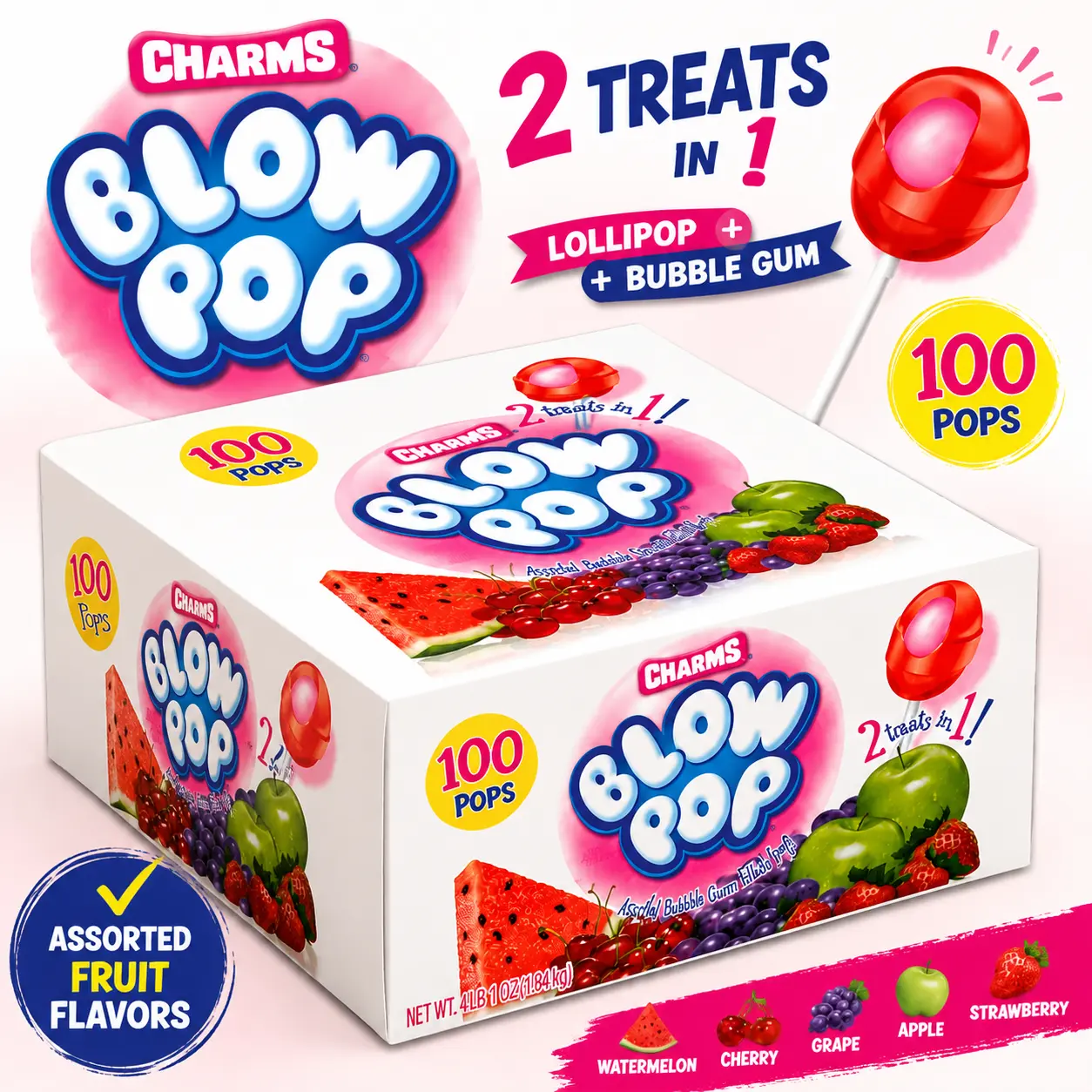 Charms Blow Pop Assorted Lollipops 100 Count  Bubble Gum Filled Candy Pops | Bulk Assorted Fruit Flavors for Parties & Candy Buffets