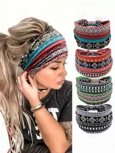 4 Pcs Boho Ethnic Print Wide Elastic Hair Bands, Vintage Aztec Geometric Design, High Stretch Anti-Slip, Multi-Use for Daily/yoga/sport/washing