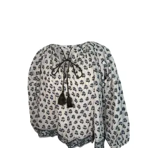 V-Neck Small Block Print Floral Print Blouse with Tassels - Neutral Blue & Green