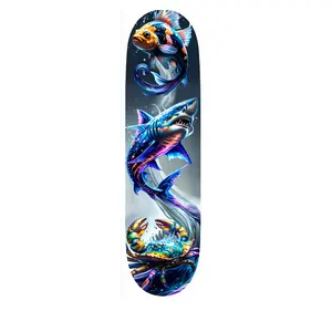 Davy Sea Sic Custom Skateboard Deck - Shark Illustration, 31” Length, 7.75” to 9” Width, Suitable for All-Weather Use, Custom Order Available