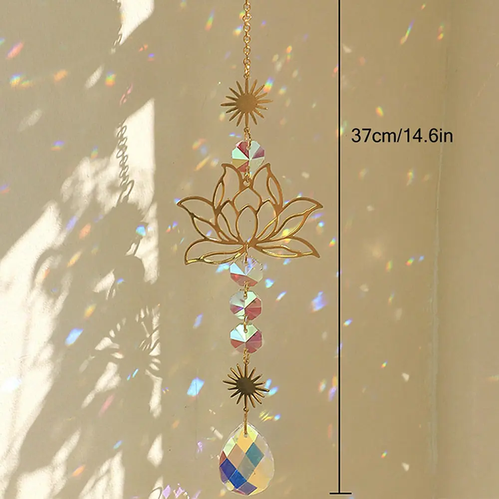 Boho Lotus Crystal Suncatcher, Hollow Metal Prism Creates Magical Rainbow Light, Whimsical Home Decor for Window & Garden, Spiritual Gift Ideas, Housewarming Gift
