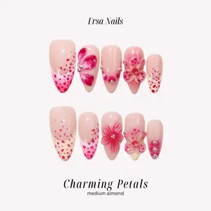 ErsaNails CHARMING PETALS - Medium Almond 10 PCS Handmade Press On Nails | 3D Flower, Handpainted & French Tip
