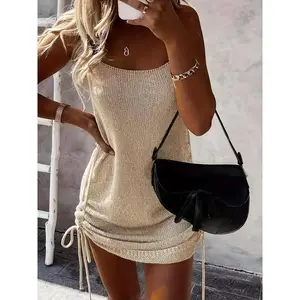 Women’s solid drawstring ruched sweater dress, casual backless knit cami dress, summer dresses, dresses for women, sundress maxi dress, ladies back-to-school clothes for beach holidays, non-bodycon dress