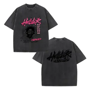 Hellstar Records Graphic Tee Vintage Acid Wash Oversized T-Shirt Unisex Heavyweight Cotton Y2K Streetwear Retro Music Top Flat 2D P