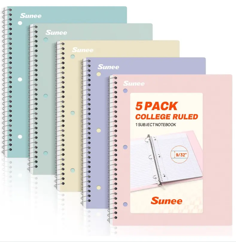 SUNEE Spiral Notebooks, 1-Subject, 5 Pack, College Ruled Paper, 8" x 10-1/2", 70 Sheets per Notebook,3-Hole Punched Paper, Pink,Purple, Blue, Green, Yellow Spiral Lined Notebooks for School,Work