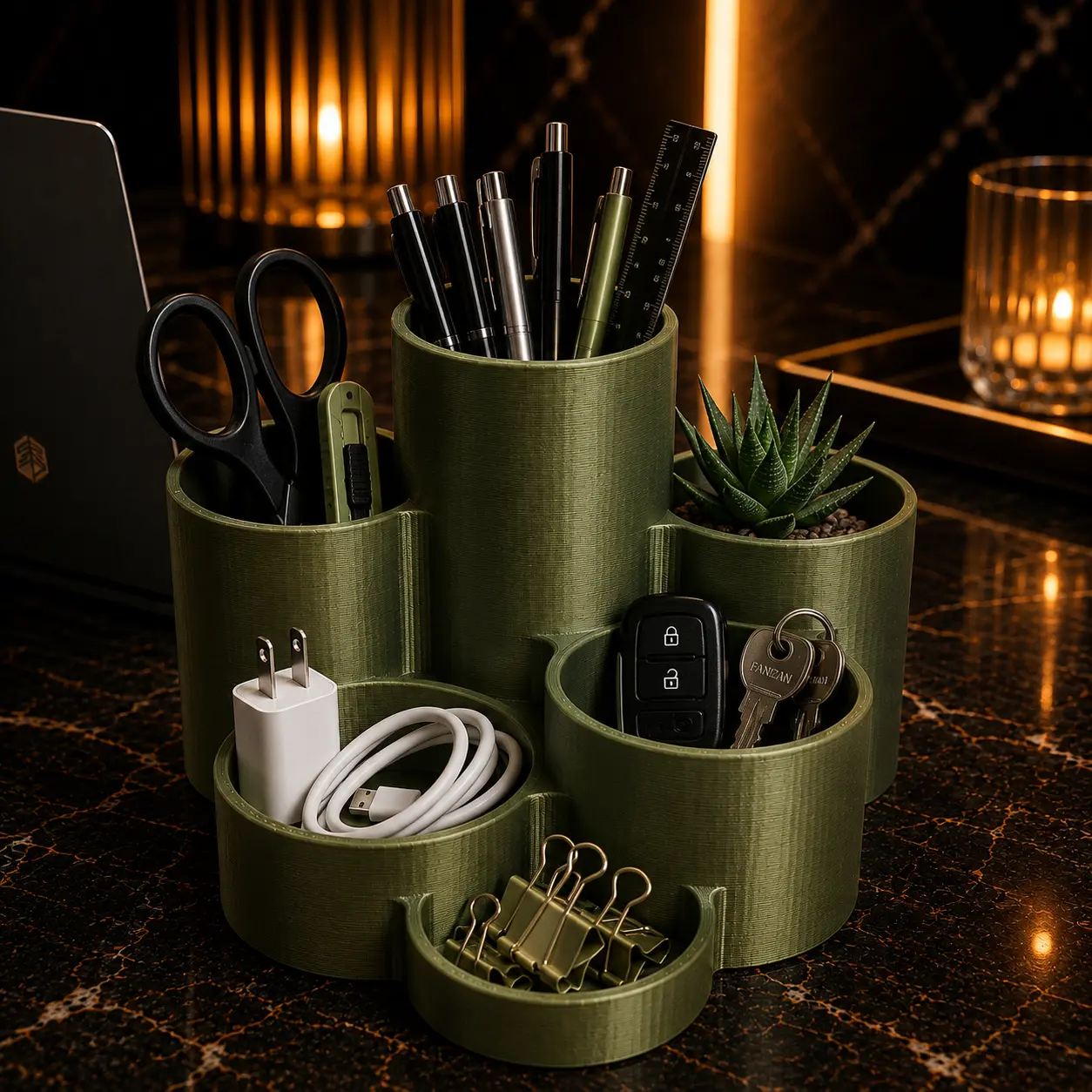 Florovi Desk Organizer ARMY GREEN - 5-Cylinder Flower-Inspired Design with Varying Heights for Pens, Scissors, and Small Accessories - Compact & Space-Saving for Home Offices, Classrooms, and Studios