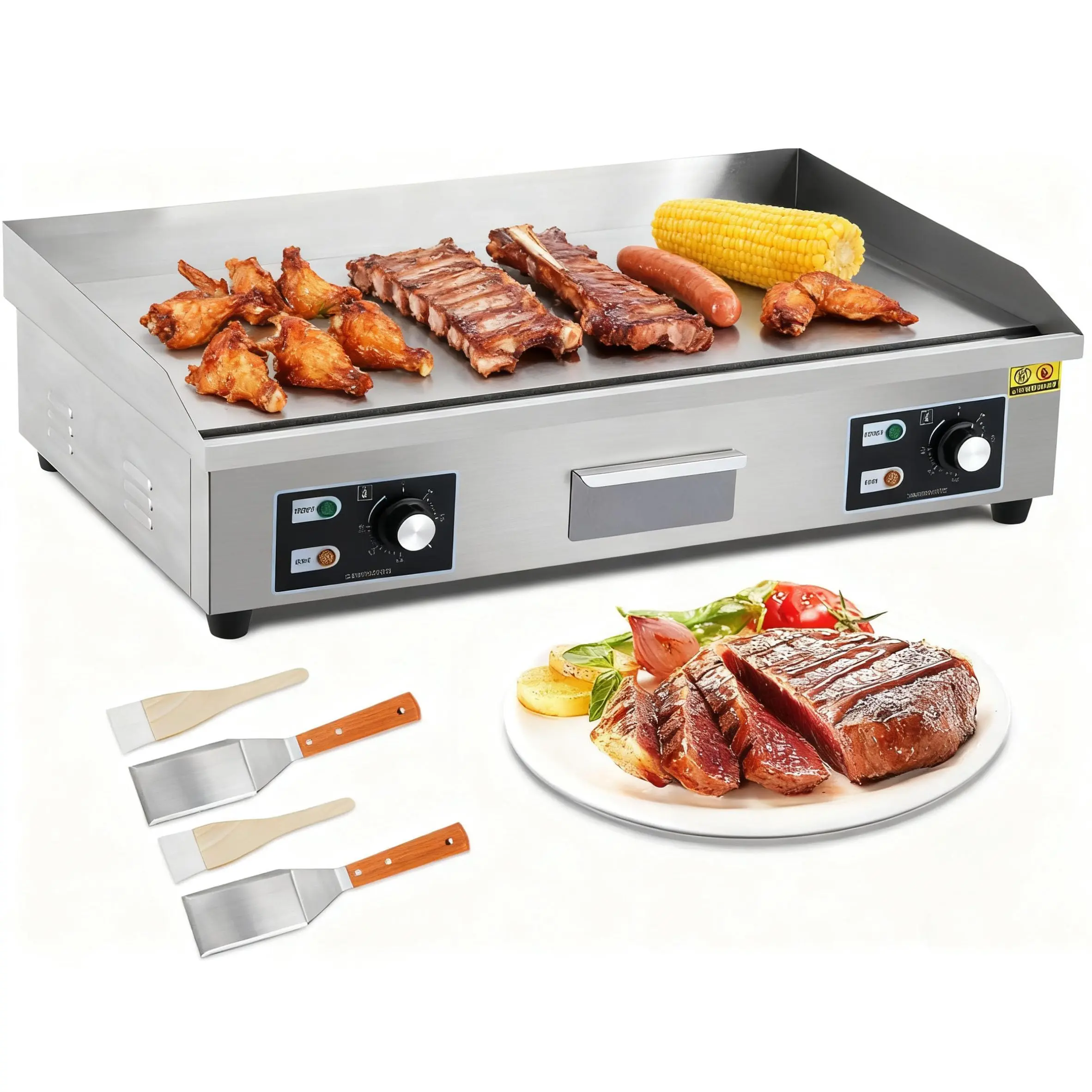 Garvee 14 Inch 1600W Electric Griddle with Stainless Steel Non-Stick Flat Top Teppanyaki Grill, Adjustable Temperature 122-572°F, 110V Countertop Indoor Grill with Shovels and Brushes Included