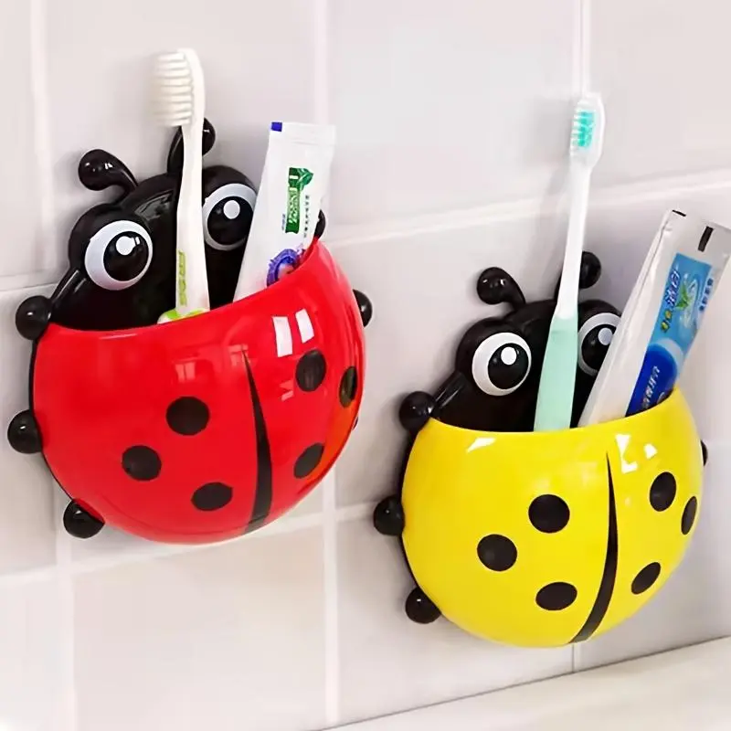 2pcs Cute Cartoon Wall-mounted Toothbrush Holder/No-punch Wall-mounted Storage Rack/Funny Seven-star Ladybug Wall-mounted Bathroom Organizer/Toothpaste and Facial Cleanser Storage Rack/Suitable for Bathroom, School Dormitory, RV