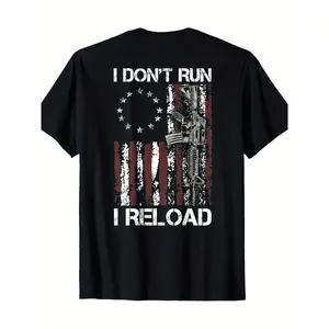 100% Cotton American Flag Patriots T-Shirt - 'I Don'T Run I Reload Gun' Design, Short Sleeve, Round Neck, Machine Washable, summer vibe, for Couples, work commute, skin-friendly softness, daily wear, modern graphic