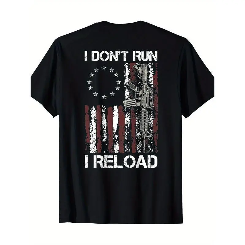 Menswear 100% Cotton American Flag Patriots T-Shirt - Tops with 'I Don't Run I Reload Gun' Reload Text, Shortsleeve, Round Neck, Skin-Friendly Soft Fabric, Machine Washable, Summer Vibe, for Couples, Daily Wear