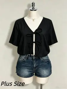 Summer Sweet Comfort Tie Bow Short Sleeve Knitwear Cardigan, Women's Plus Size Top, Casual Stylish Design, Perfect for Daily Wear