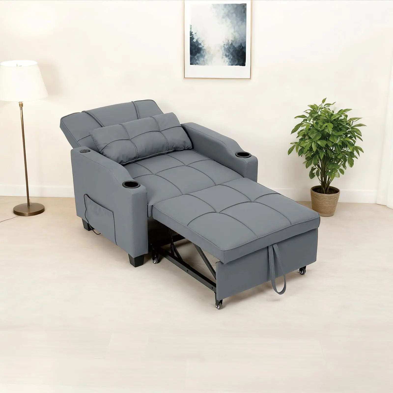 4 in 1 Convertible Sleeper Chair Bed with Vibration Massage Lumbar Pillow, Single Sofa Recliner Featuring USB/Type-C Port, Cup Holders & Side Pocket, Space-Saving Pull Out Bed for Small Spaces, Grey