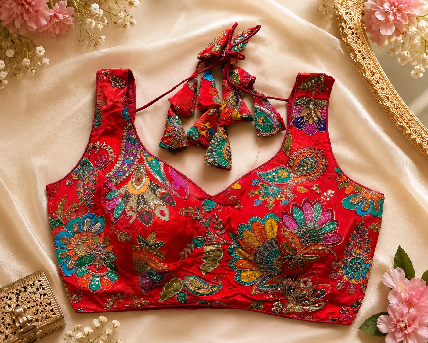 Royal Red Floral Silk Blouse