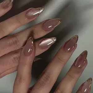 Gold Foil Irregular French Tip Nude Pink Cat Eye Luxury Press On Nails, Flattering Elegant Long Almond Removable False Nails, Perfect for Commute, Date & Daily Wear, with Jelly Glue and Nail File