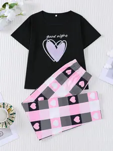 2 pieces of girls' hearts striped checkered printed round neck short sleeved pants pajama set with elastic waistband suitable for all seasons, comfortable and cute home wear Soft Casual Pajamas