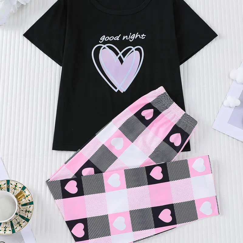 2 pieces of girls' hearts striped checkered printed round neck short sleeved pants pajama set with elastic waistband suitable for all seasons, comfortable and cute home wear Heart Pattern Sleepwear Pajama Clothes