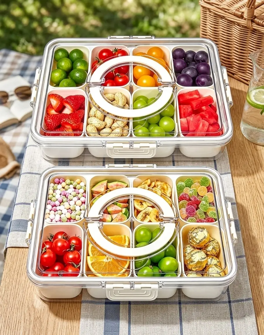 [HUOMAQFAN] Sturdy Silicone Leakproof Rectangular Snackle Box Container 2-Pack - Divided Serving Tray with Lid, Handle, Stackable Generous Travel Organizer for Charcuterie, Parties