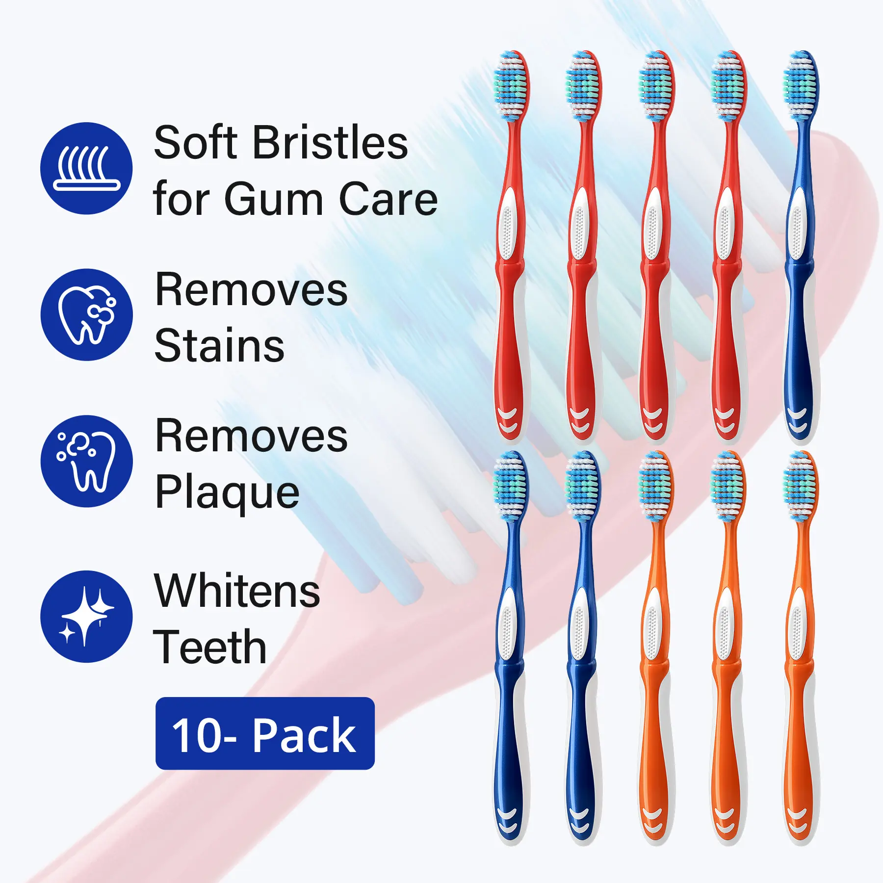 10-Count Soft Toothbrush Multi-Pack for Adults, High-Density Bristles for Teeth Whitening and Precise Gap Cleaning
