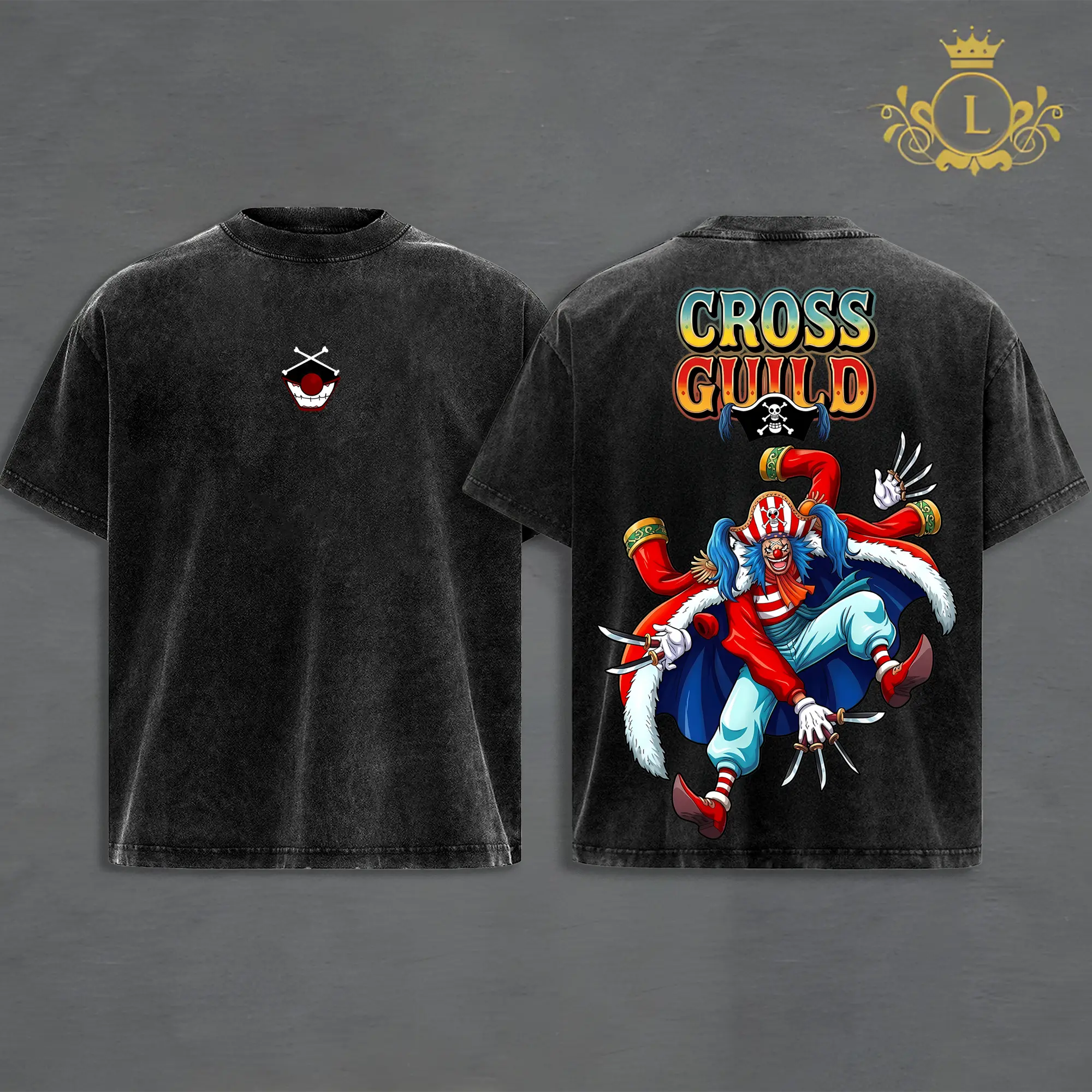 Buggy the Clown Washed T-Shirt, Hoodie – One Piece Anime Manga T-Shirt, Cross Guild Yonko Pirate Captain Vintage Graphic, Unisex Oversized Streetwear, Gift for One Piece Fans