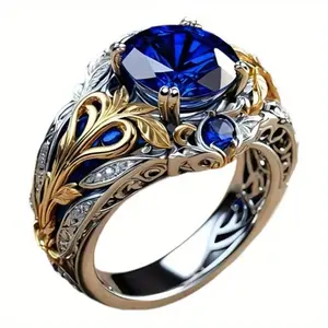 925 Sterling Silvery Two Tone Ring Set with Synthetic Created-Synthetic Sapphire, Vintage Style Jewelry, Domineering Men's And Women's Rings, Suitable for Daily Wear And Party/ Birthday/ Anniversary Christmas Gifts