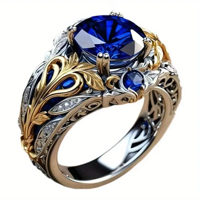 Silvery Two Tone Ring Set with Synthetic Created-Synthetic Sapphire, Vintage Style Jewelry, Domineering Men's And Women's Rings, Suitable for Daily Wear And Party/ Birthday/ Anniversary Christmas Gifts Blue Zircon
