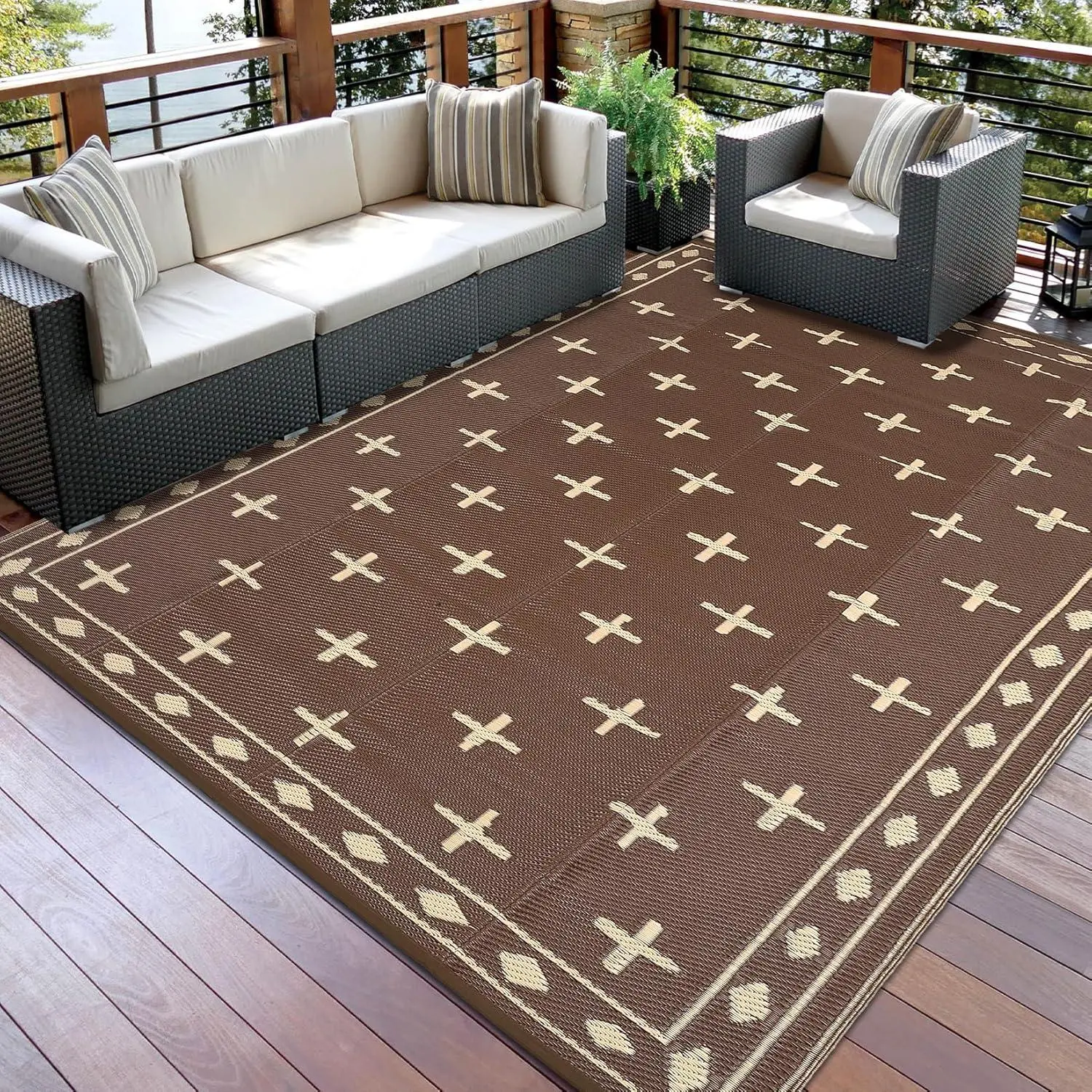 GAOMON 9x12 Geometric Outdoor Rug, Reversible Waterproof Durable Fade-Resistant Hypoallergenic Stain-Resistant Plastic Straw Area Mat for Patio, Camping