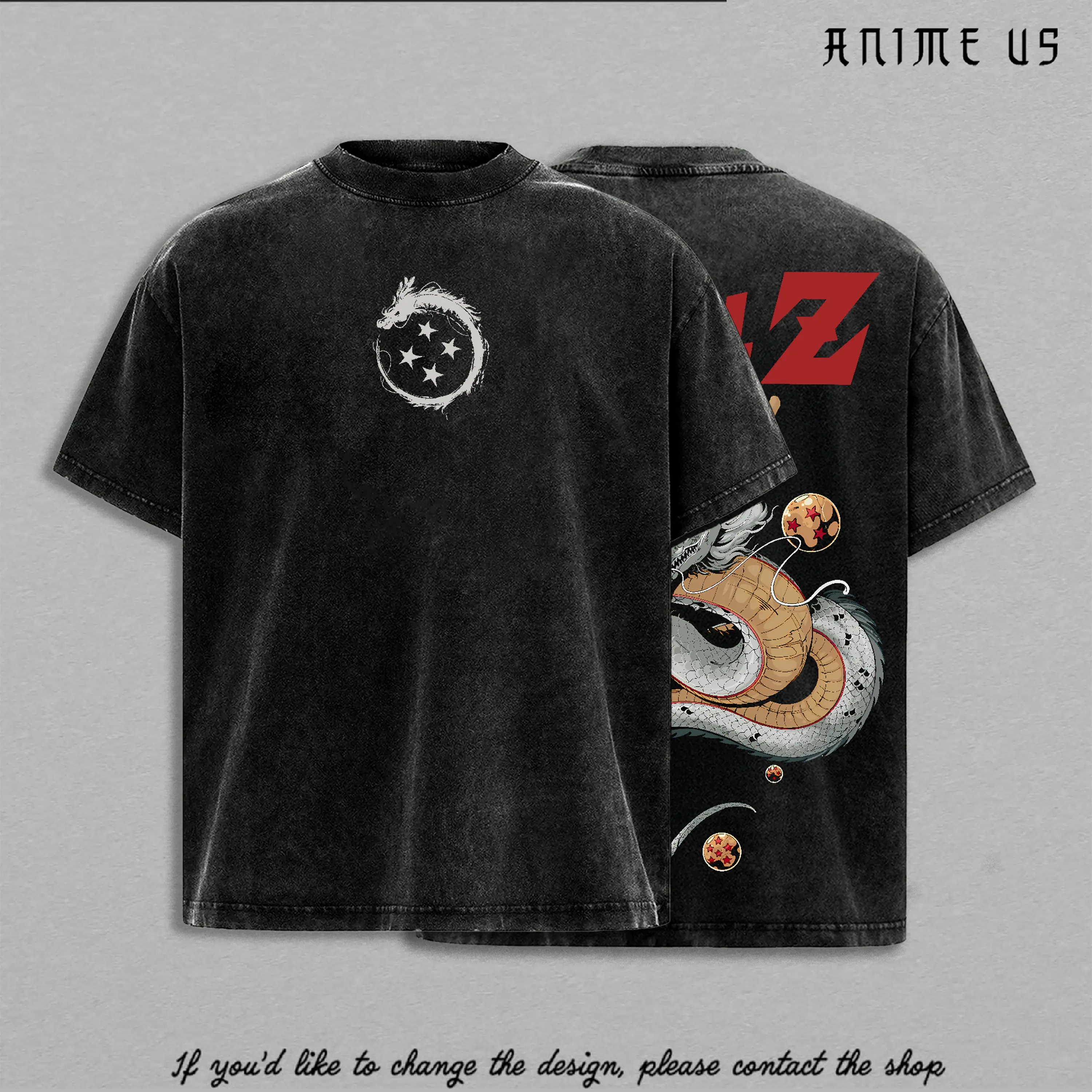 DBZ Shenron V2 Vintage Washed Oversize T Shirt Anime Streetwear Graphic Tee Grey Heavy Cotton Unisex Classic Retro Style Fan Favorite