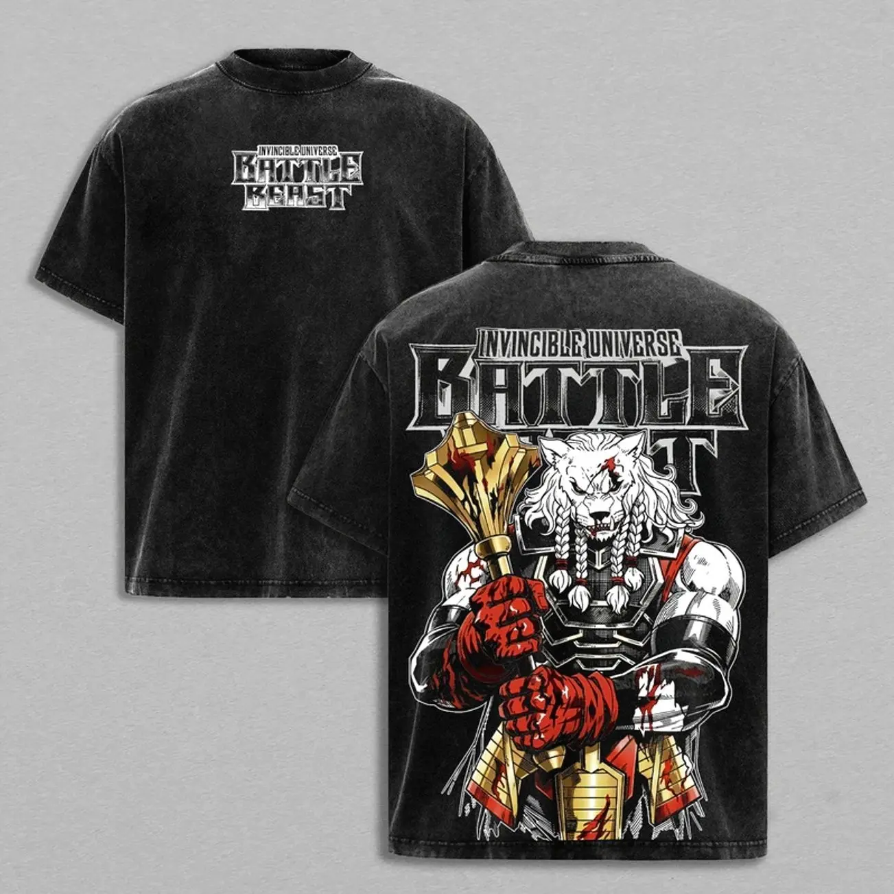 Battle Beast - Invincible Universe Graphic Tee | Vintage Clothing Washed Oversized Heavyweight T-Shirt | Anime Comic Streetwear Top Shirt | Large Back Print Graphic Tee | Heavy Cotton Unisex | Gym Pump Cover Gamer Outfit | Gift For Invincible Fans 8U2