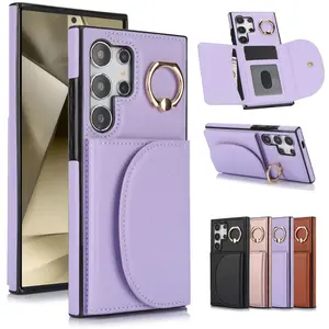Solid Color Phone Case with Finger Ring & Card Slot, 1 Count PU Leather Wallet Phone Protective Cover, Phone Accessory for Samsung Galaxy S26 S25 S24 S23 S22 S21Ultra Plus