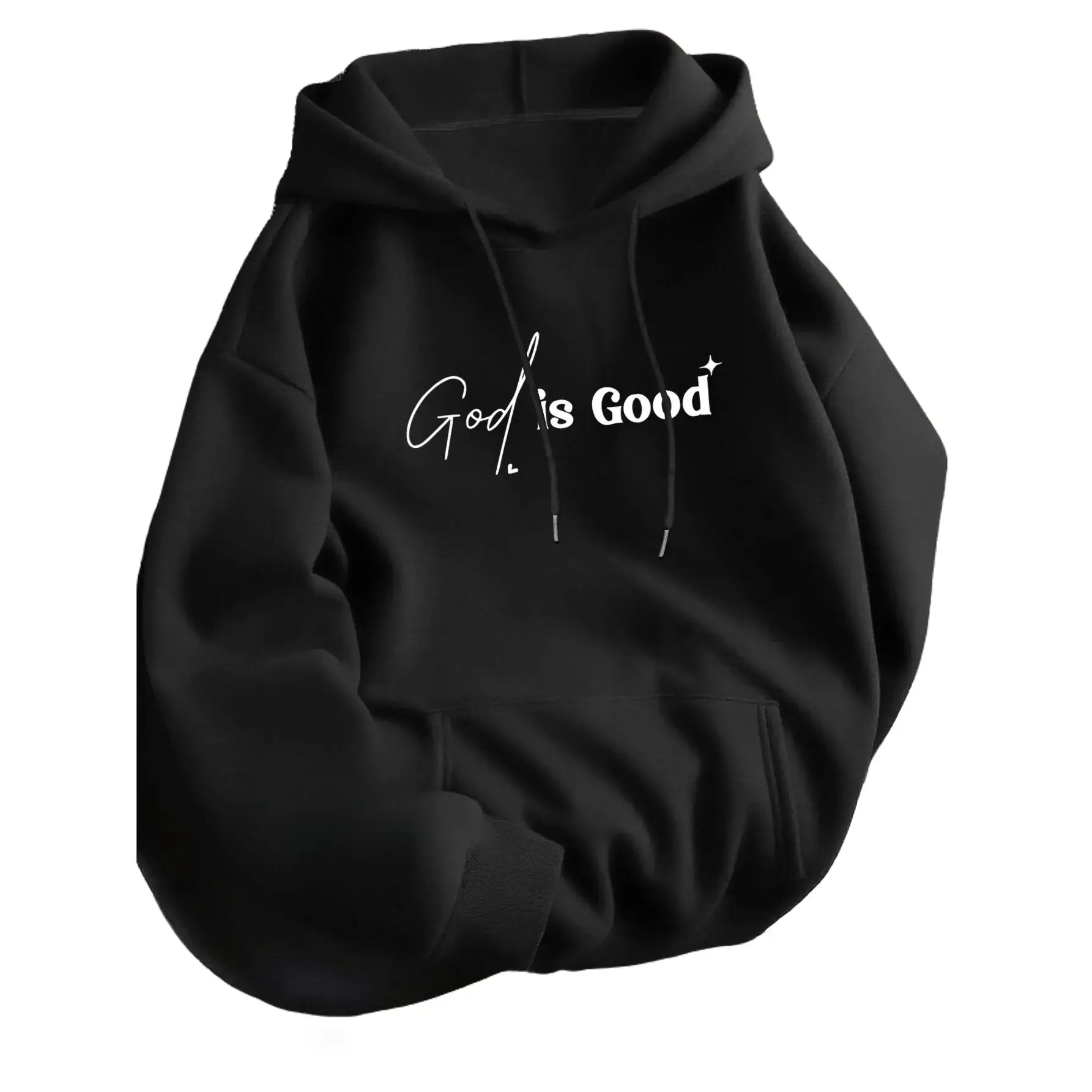 Christian Graphic Pullover Hoodie, Unisex "God is Good" Cursive Script Sweatshirt, Oversized Loose Fit, Soft Lightweight Fleece with Ribbed Trim