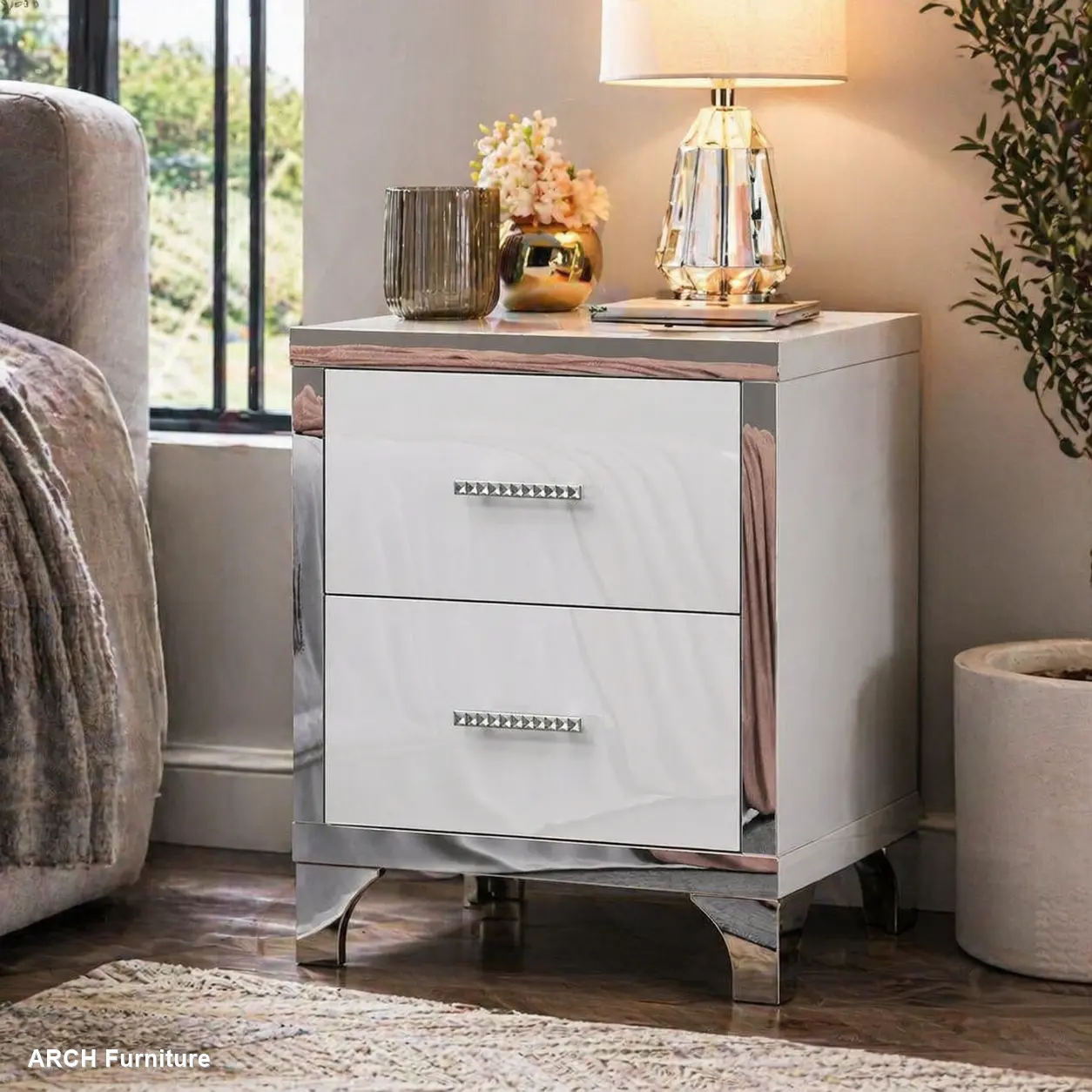 Modern Luxury Rectangular 2-Drawer Nightstand - 22x15.7x23.6" White MDF+Metal Indoor Furniture, High Gloss Mirrored Flat-Top, Sleek Metal Handles, Minimal Setup Assembled Drawer-Equipped Contemporary High-Quality Bedside Table, High-Quality Bedside Tables