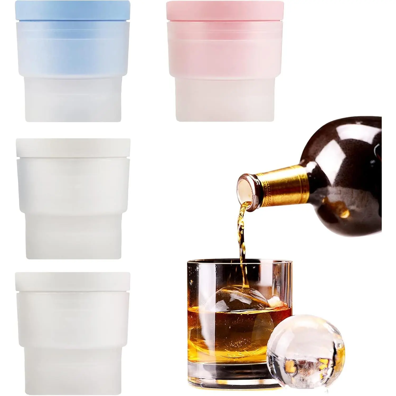 Ice Ball Maker, Set of 4 2.5 Inch Ice Spheres Mold,Round Ball ice Cube Mold for Whiskey Cocktails Juice Beverages Bourbon,Old Fashioned Clear Ice Cube Mold Silicone Freezer Press(White,Blue&Pink)（Color shipped at random）