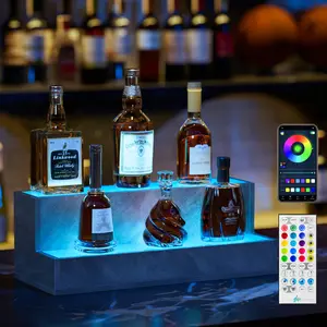 LED Lighted Liquor Bottle Display Shelf, 20 Inch Bar Display Shelf, DIY Illuminated Bottle Shelf with App & Remote Control, 2 Step Freestanding Holding Bottles for Home Bar, Party, Grey Utensils Kitchen Wood