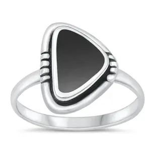 Triangle Black Agate Stone Ring - 925 Sterling Silver