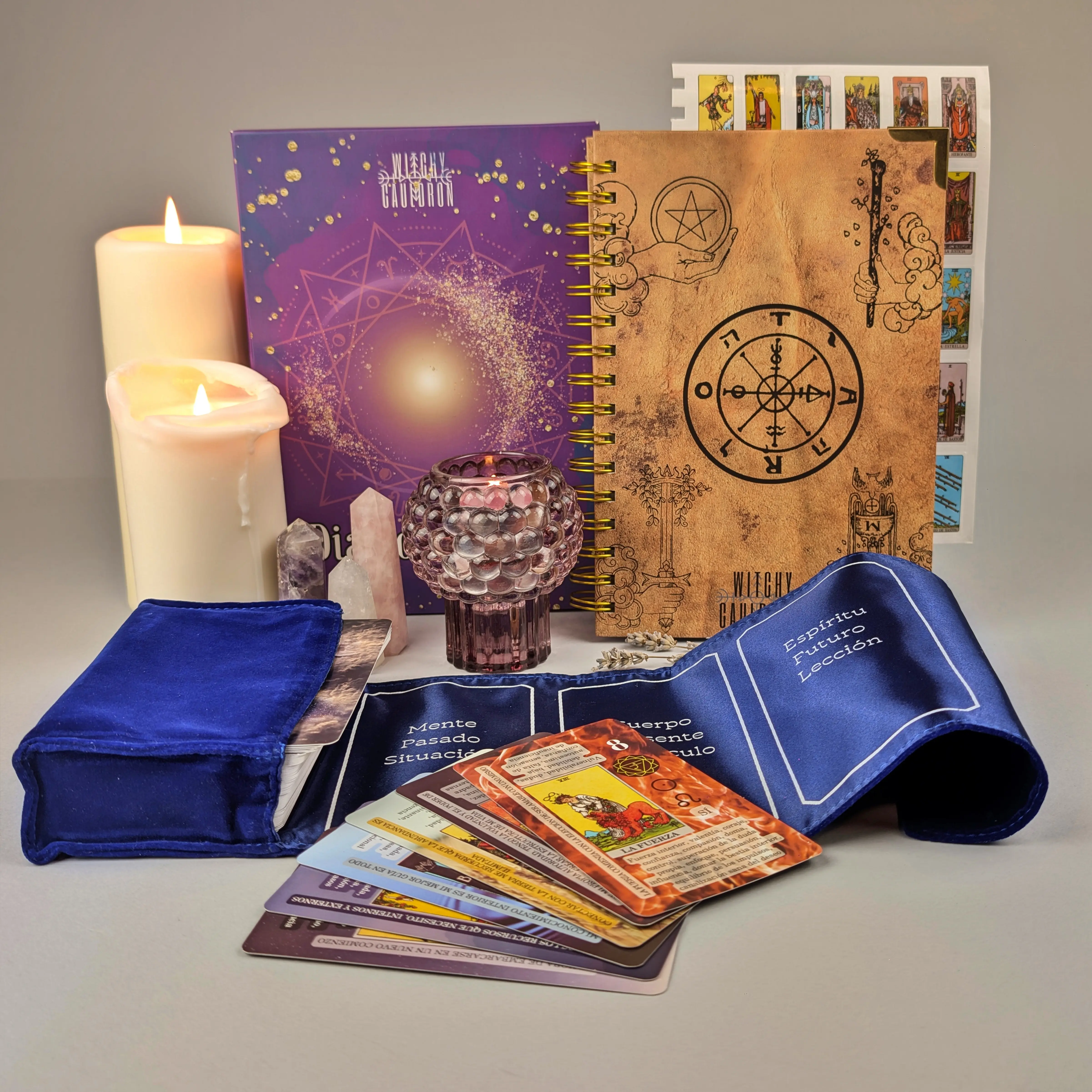 SPANISH Tarot Learning Set for Beginners in BLUE with Journal, Cards, Velvet Tarot Holder Wrap, Tarot Journal, and Stickers