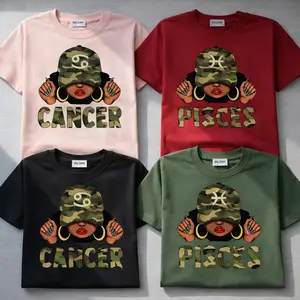 [Full 12 Zodiac] Camo Zodiac T-shirt – Full 12 Astrology Sign Pullover with Camouflage Hat & Bold Lettering, Trendy Unisex Horoscope Crewneck for Cancer, Pisces & Zodiac Lovers