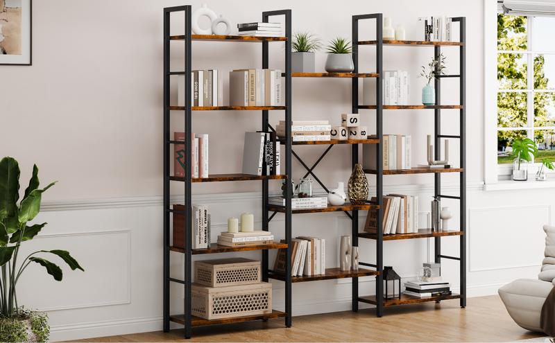 Walsunny 5-Tier Bookcase with 14 Shelves, Open Display Book Shelf with Metal Frame, Book Shelf for Home Office, Rustic,Freestanding Industrial Ladder